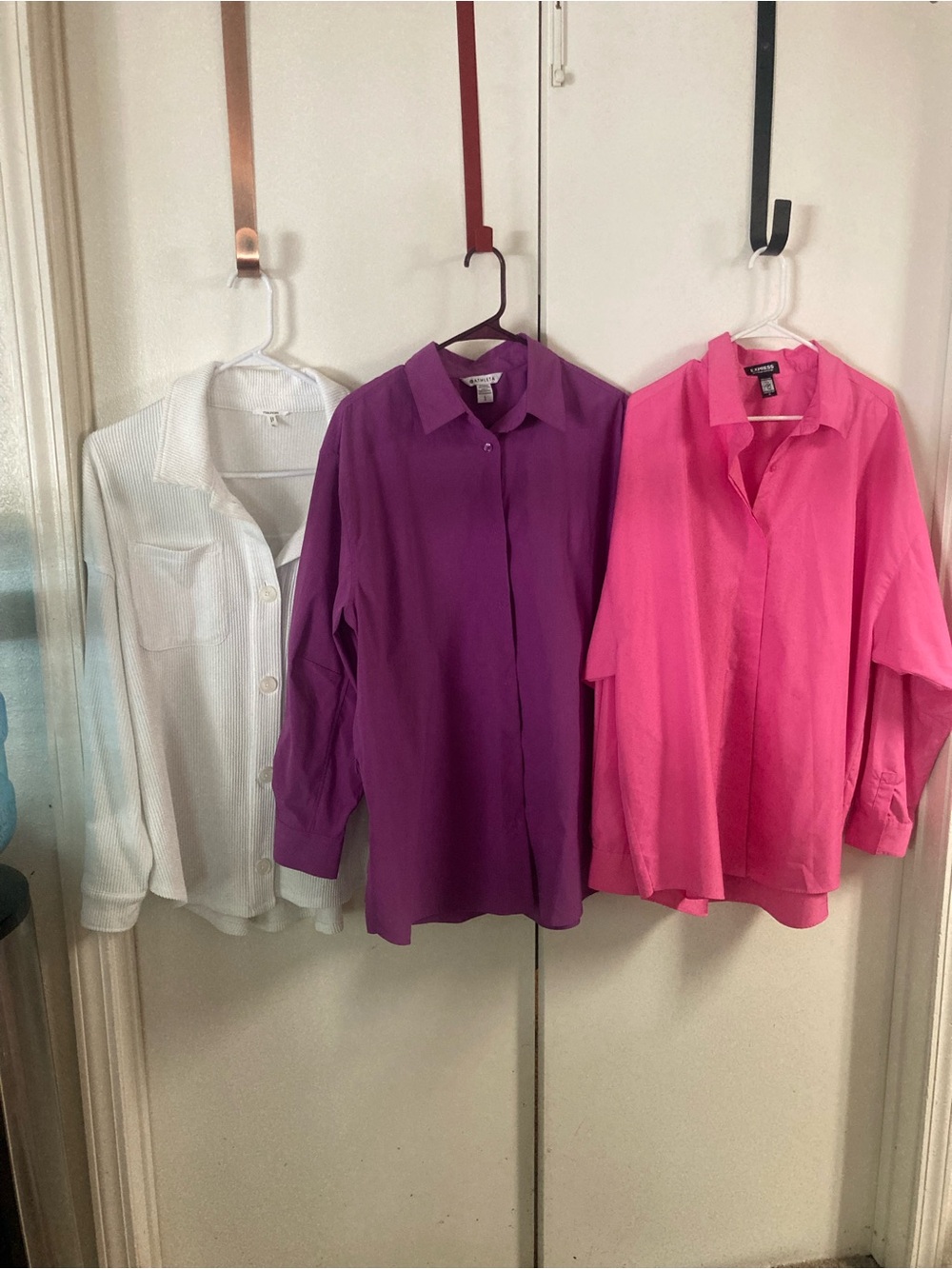 Bundle of Three Button-Front Women’s L & XL  Blouses in White, Purple & Hot Pink